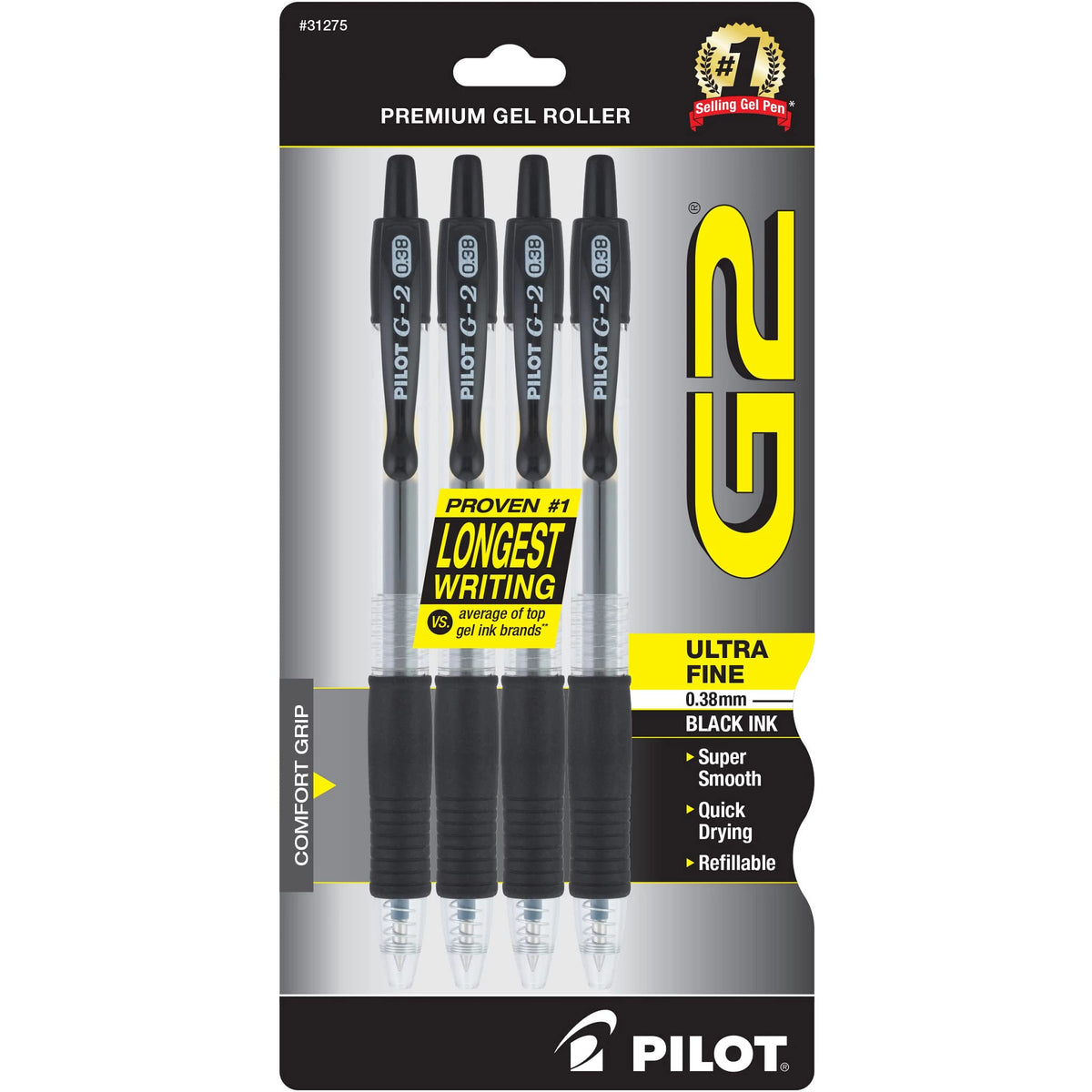 Pilot, G2 Premium Gel Roller Pens, Ultra Fine Point 0.38 mm, Pack of 4, Black