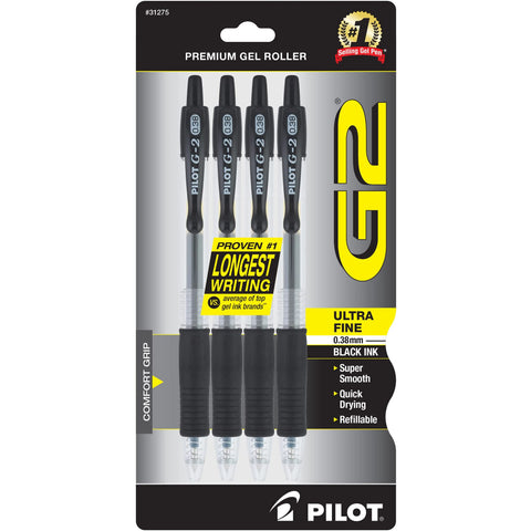 Pilot, G2 Premium Gel Roller Pens, Ultra Fine Point 0.38 mm, Pack of 4, Black