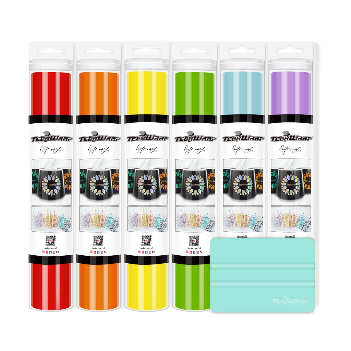 TECKWRAP 001 Vinyl Permanent Adhesive Vinyl Bundle Glossy Adhesive Craft Vinyl Bundle 12" x 36"/Rolls for Craft Cutters,Sign Plotters(Rainbow Bundle)