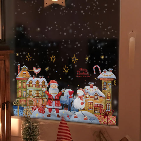Chicskin Christmas Window Clings Decorative Snow Town, Double Sided Window Decals Christmas for Glass Window Decor, Winter Window Christmas Stickers Winter House and Santa 38X60CM