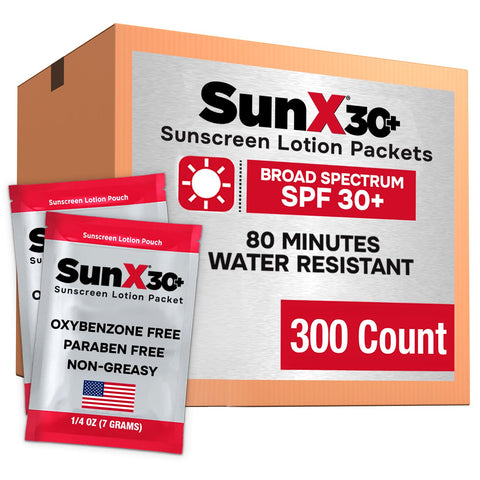 Sun X 30+ SPF Individual Sunscreen Packets Travel Size - Pack of 300 Paraben, Oxybenzone, & White Cast Free Broad Spectrum SPF Sunscreen Packets - Water & Sweat Resistant For Up To 80 Minutes