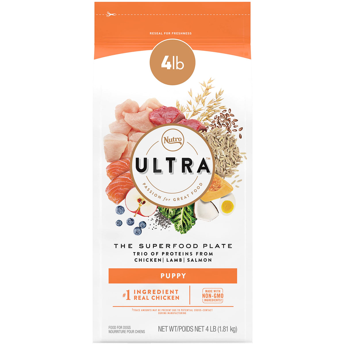 Nutro Ultra High Protein Natural Dry Dog Puppy Food with a Trio of Proteins from Chicken Lamb and Salmon, 4 lb. Bag