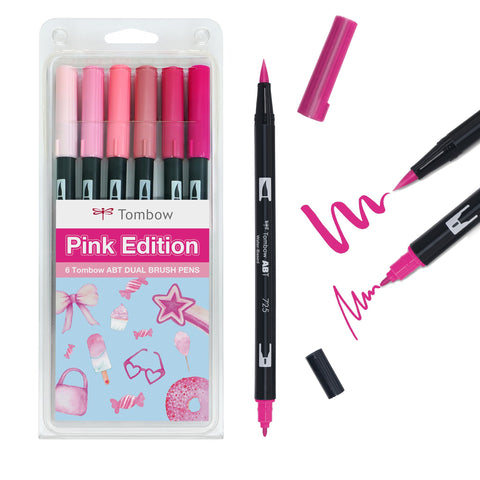 Tombow ABT Dual Brush Pen, Pink Edition, set of 6, dual-tip pens, perfect for hand lettering and bullet journaling, watercoloring [ABT-6P-PINK]