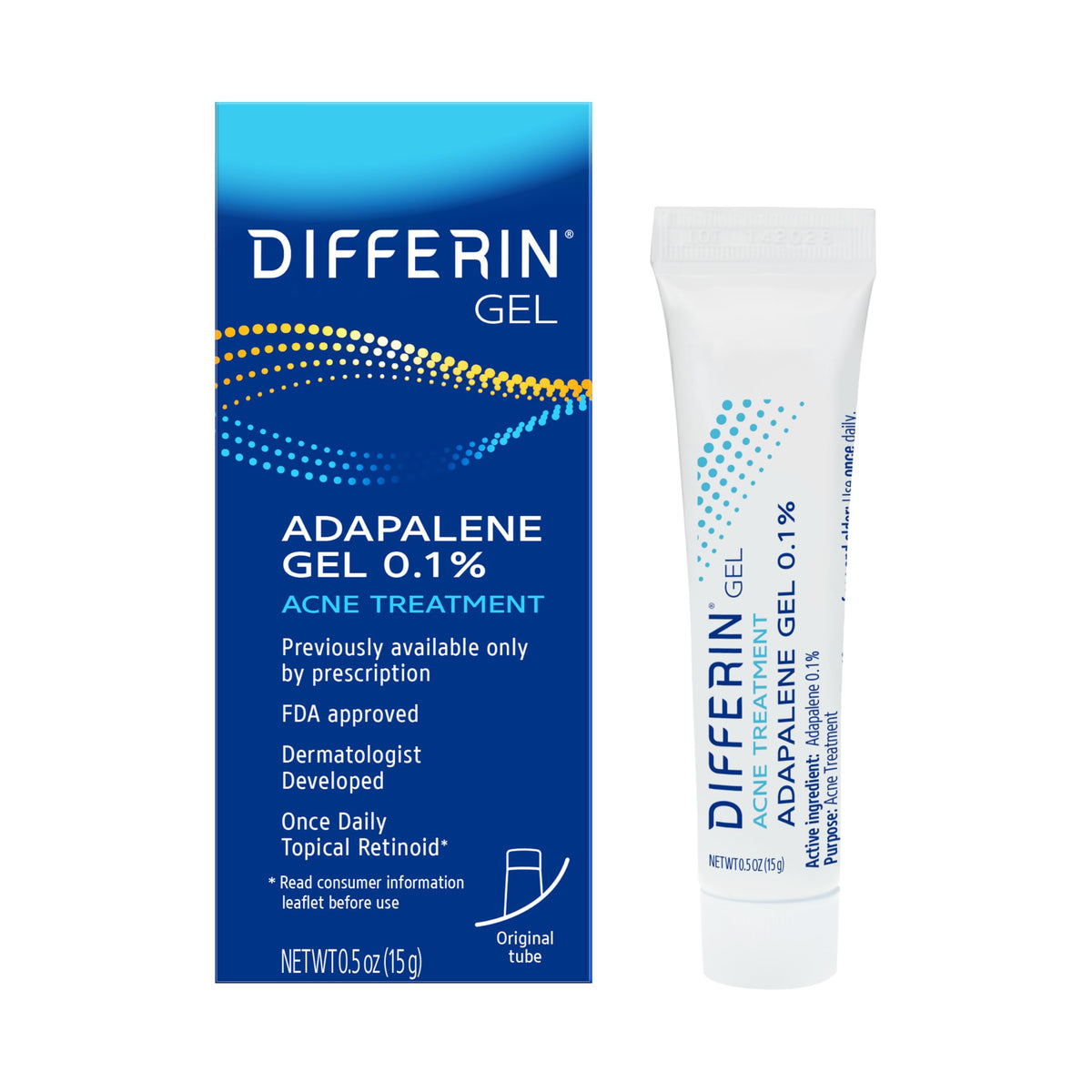 Differin Acne Treatment Gel, 30 Day Supply, Retinoid Treatment for Face with 0.1% Adapalene, Gentle Skin Care for Acne Prone Sensitive Skin, 15g Tube