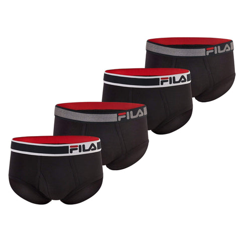 Fila Men's Regular Rise Brief Fly Front with Pouch, 4-Pack of Tagless Underwear, Jet Black/Jet Black/Jet Black/Jet Black, Medium