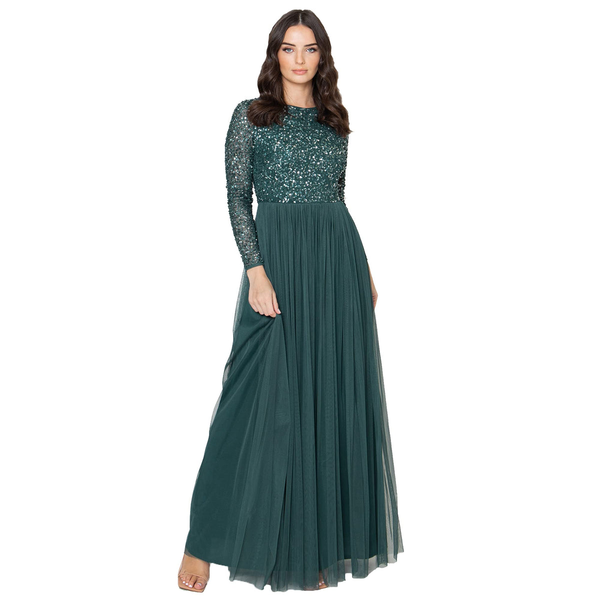 Maya Deluxe Women's Maya Embellished Long Sleeve Maxi Dress Bridesmaid, Emerald, 10