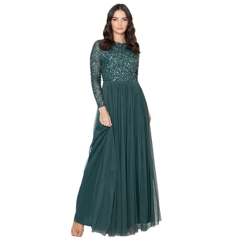 Maya Deluxe Women's Maya Embellished Long Sleeve Maxi Dress Bridesmaid, Emerald, 10
