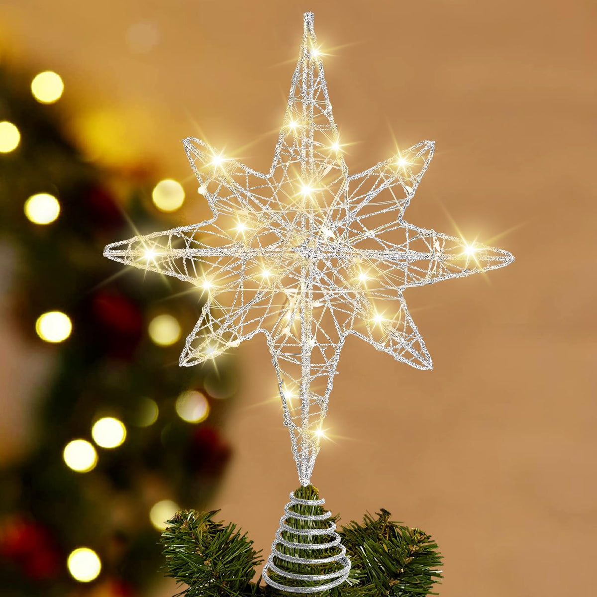 DIYDEC Christmas Tree Topper Lighted, 13.5’’ Silver Glittered Xmas Hollow Star Treetop Toppers Ornaments with 20 LED Lights for Indoor Christmas Tree New Year Holiday Decorations