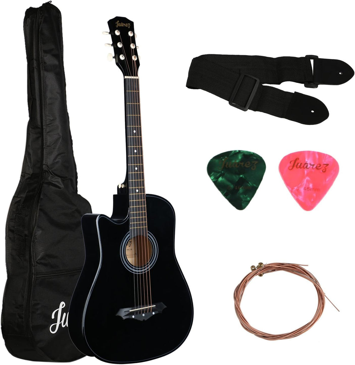 Juarez Acoustic Guitar, [ LEFT HANDED] 38 Inch Cutaway, 38CL/BK with Bag, Strings, Pick and Strap, Black