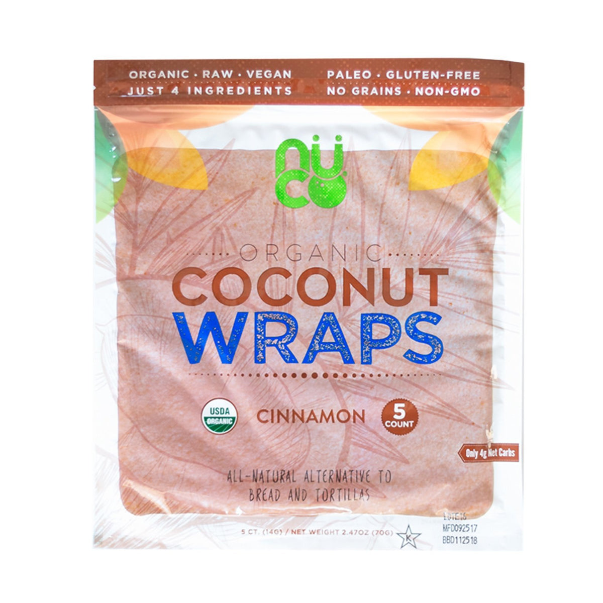 All-Natural, Paleo, Gluten Free, Vegan Non-GMO, Kosher Raw Veggie NUCO Coconut Wraps Cinnamon Flavor. NO Salt Added Low Carb and Yeast Free 5 Count (One Pack of Five Wraps Each)