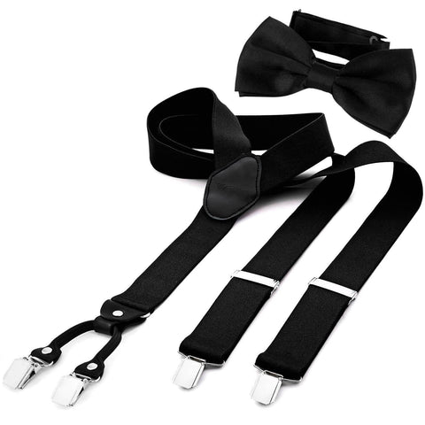 DonDon Menâ€™s 1,38" wide Y style elastic and adjustable braces suspenders as a 2-piece set with matching colour bowtie 4.72 x 2.36 - Black