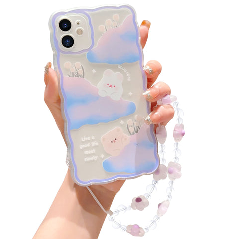 ZSYTZL Compatible with iPhone 11 Case Cute Cartoon Cloud Little Bear Rabbit with Cute Chain Design for Women Girls Aesthetic Kawaii Slim Soft TPU Transparent Case for iPhone 11-Cloud