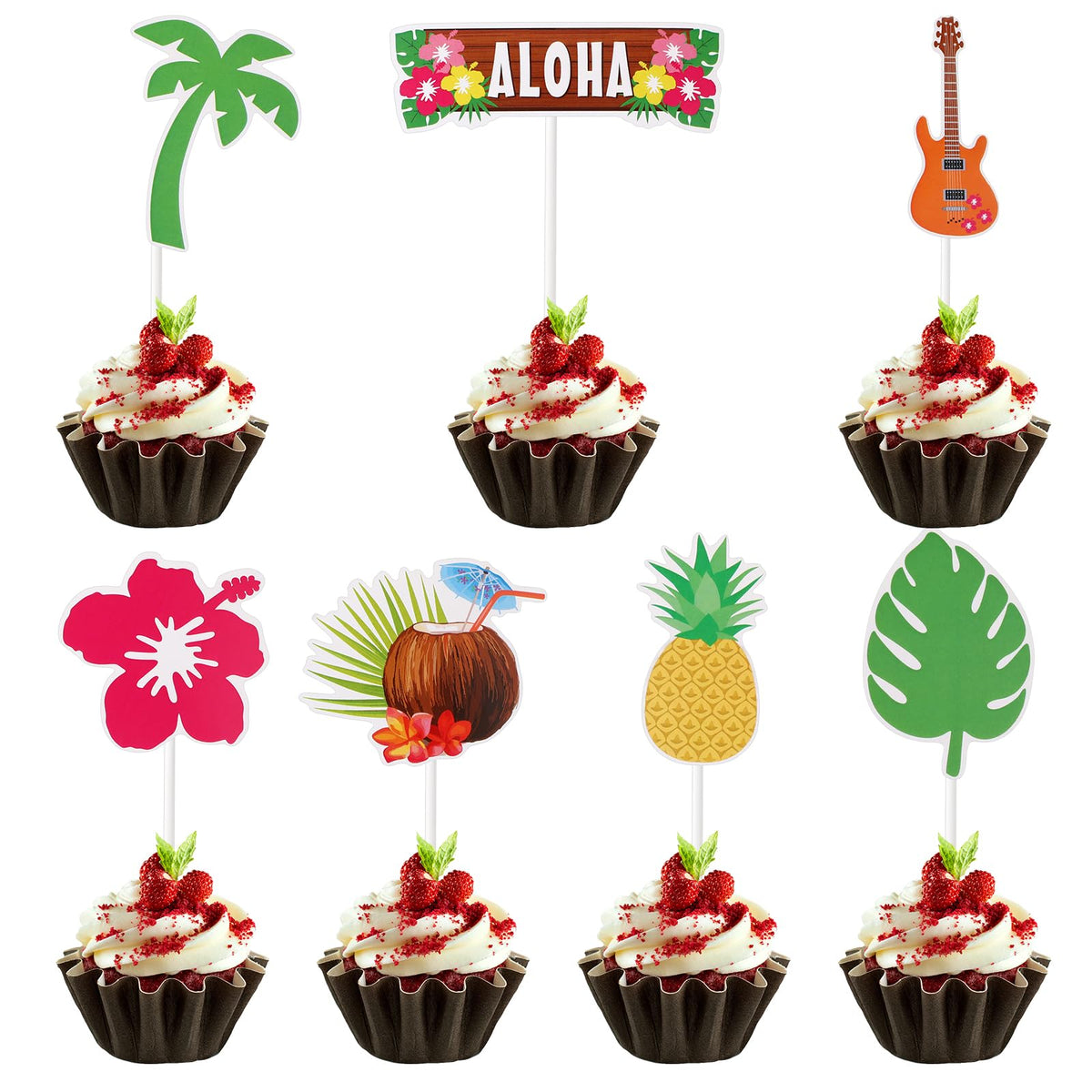 Abeillo 28PCS Hawaiian Cake Topper, Pineapple Guitar Shape Style Beach Theme Cake Decorations, Summer Beach Cupcake Toppers for Summer Hawaii Beach Theme Birthday Party Decoration