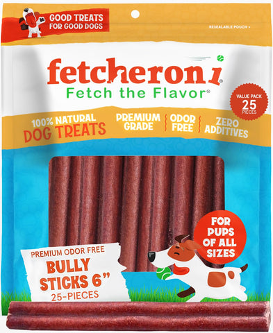 FETCHERONI Bully Stick 6 Inch (25 Pack), All Natural Dog Chews, Bully Sticks for Large Dogs, Dog Bully Sticks for Medium Dogs, Bully Sticks Small Dogs, Grass Fed Beef, Non-GMO, Odor Free Dried Beef