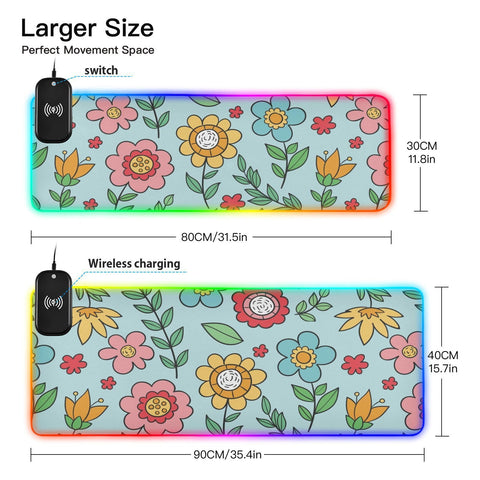 Flowers Leaves Wireless Charging Mouse Pad for Mobile Phone Extra Large Gaming Mousepad with 13 Lighting Modes Keyboard Mat for Gaming MacBook PC Laptop Desk Home Office