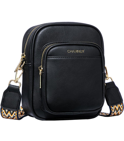 CHARINUT Crossbody Bags for Women,Vegan Leather Purses,Small Shoulder Handbags with Wide Adjustable Strap (Black)