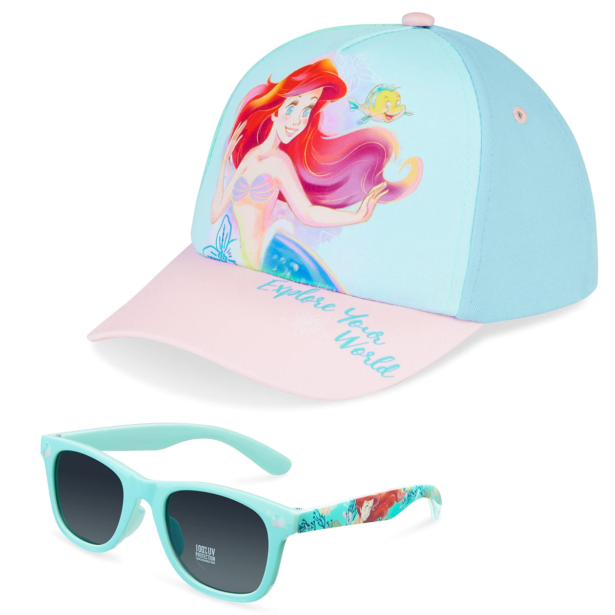 Disney Girls Sunglasses and Baseball Cap Set, Adjustable Sun Hat 100% UV Sunglasses - Girls Gifts (Blue Ariel)