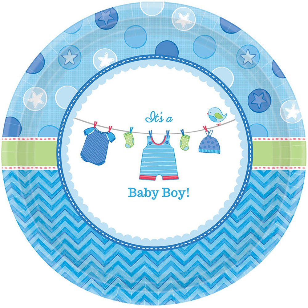Amscan Shower with Love Boy Round Plates Party Supplies, 8 pieces, Blue