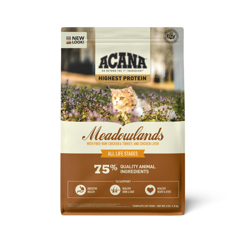 ACANA Highest Protein Meadowlands Grain-Free Dry Cat Food, Free-Run Chicken and Turkey and Chicken Liver Cat Food Recipe, 4lb