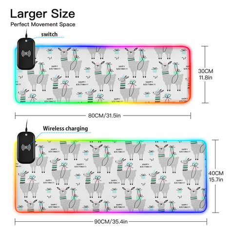 Cute Animals Llama Wireless Charging Mouse Pad for Mobile Phone Extra Large Gaming Mousepad with 13 Lighting Modes Extended Desk Mat for Gaming MacBook PC Laptop Desk Office Home