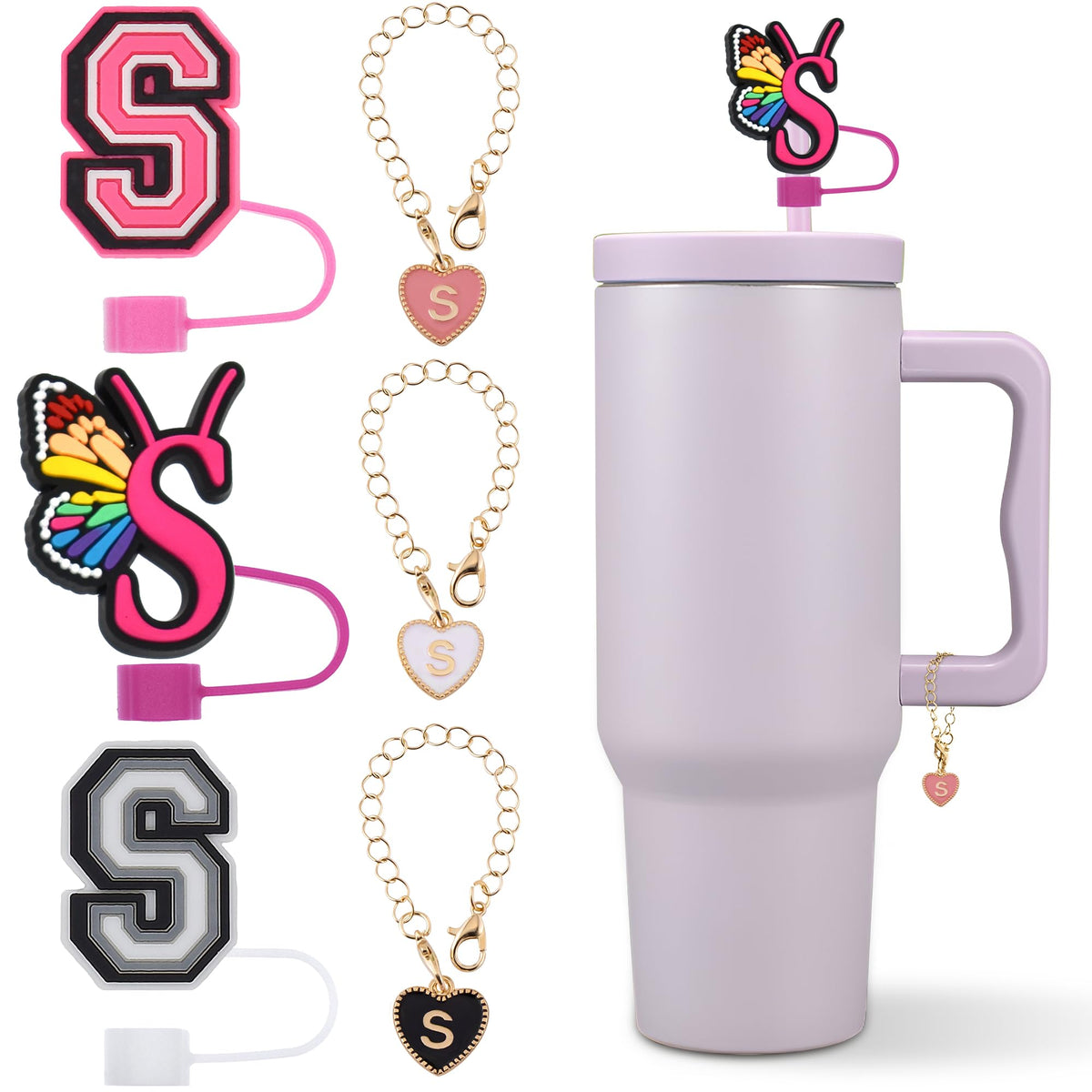 (3+3) Oecoel Stanley Cup Accessories, 3Pcs 0.4in Silicone Stanley Straw Topper and 3Pcs Heart Letter Charms for Stanley Cup 30&40 Oz Tumbler with Handle (Letter S)