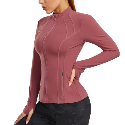 TrainingGirl Women's Sports Jacket Full Zip Workout Running Jacket Slim Fit Long Sleeve Yoga Track Jacket with Thumb Holes (Pink, Large, l)