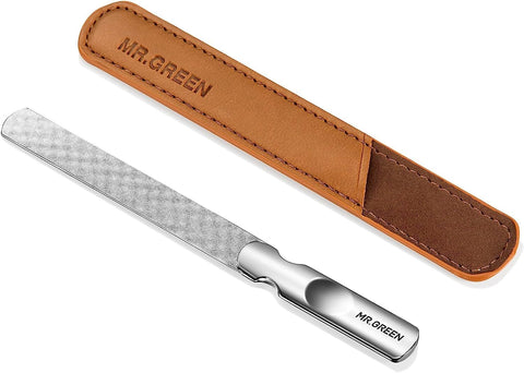Men's Professional Metal Nail File with Real Leather Case, Double-Sided Buffing Nail File with Non-Slip Handle for Women, Children, Nails, Foot and Hand