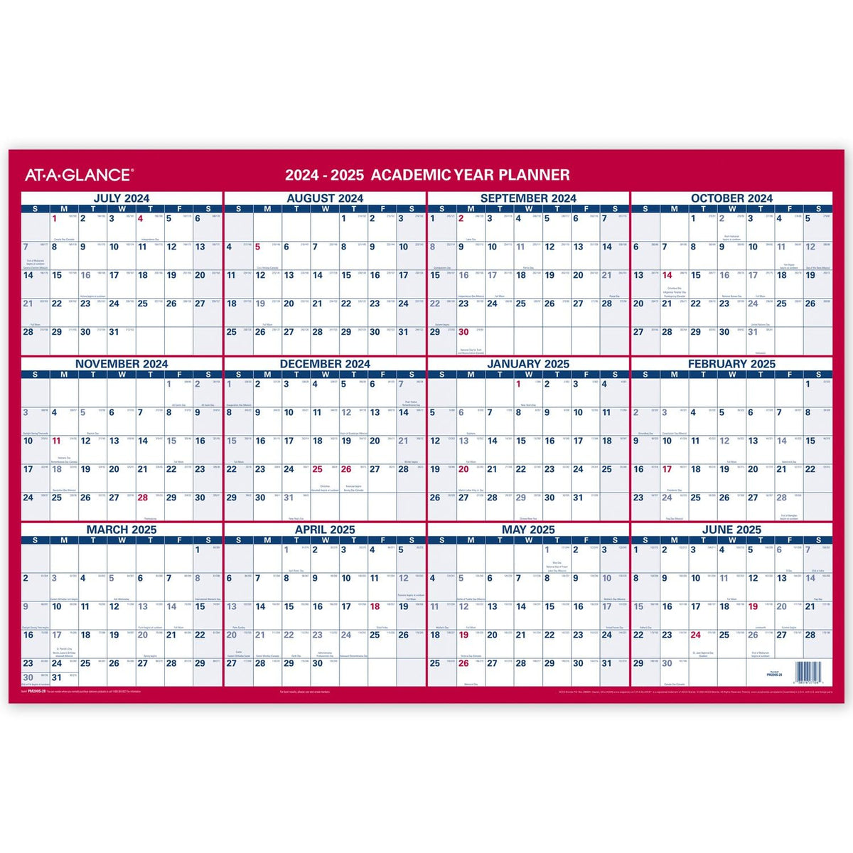 AT-A-GLANCE 2024-2025 Erasable Calendar, Dry Erase Wall Planner, 36" x 25", Large, Academic & Regular Year, Double Sided, Horizontal (PM200S2825)
