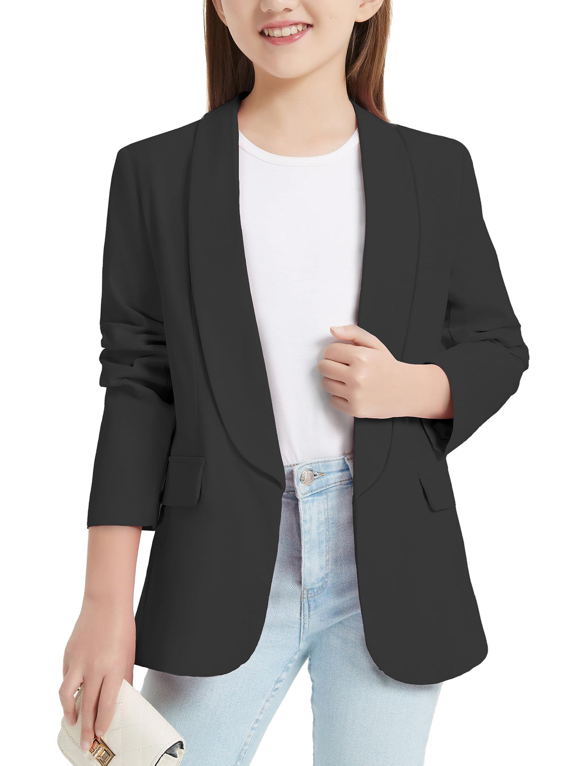 EXARUS Girls Blazer Long Sleeve Kids Black Blazers Suit Jacket Formal Girl Shawl Collar Open Front Jackets Solid Color Outerwear Coat 10Y