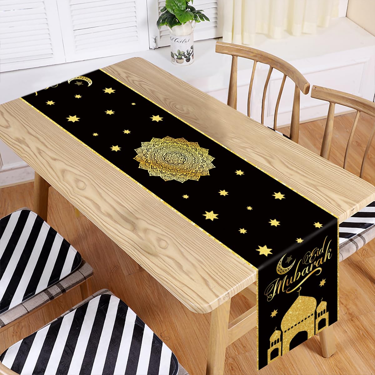 Eid Mubarak Table Runner Table Decorations - Ramadan Mosque Lantern Islamic Happy Eid 2024 Party Supplies Decorations, 180×35cm