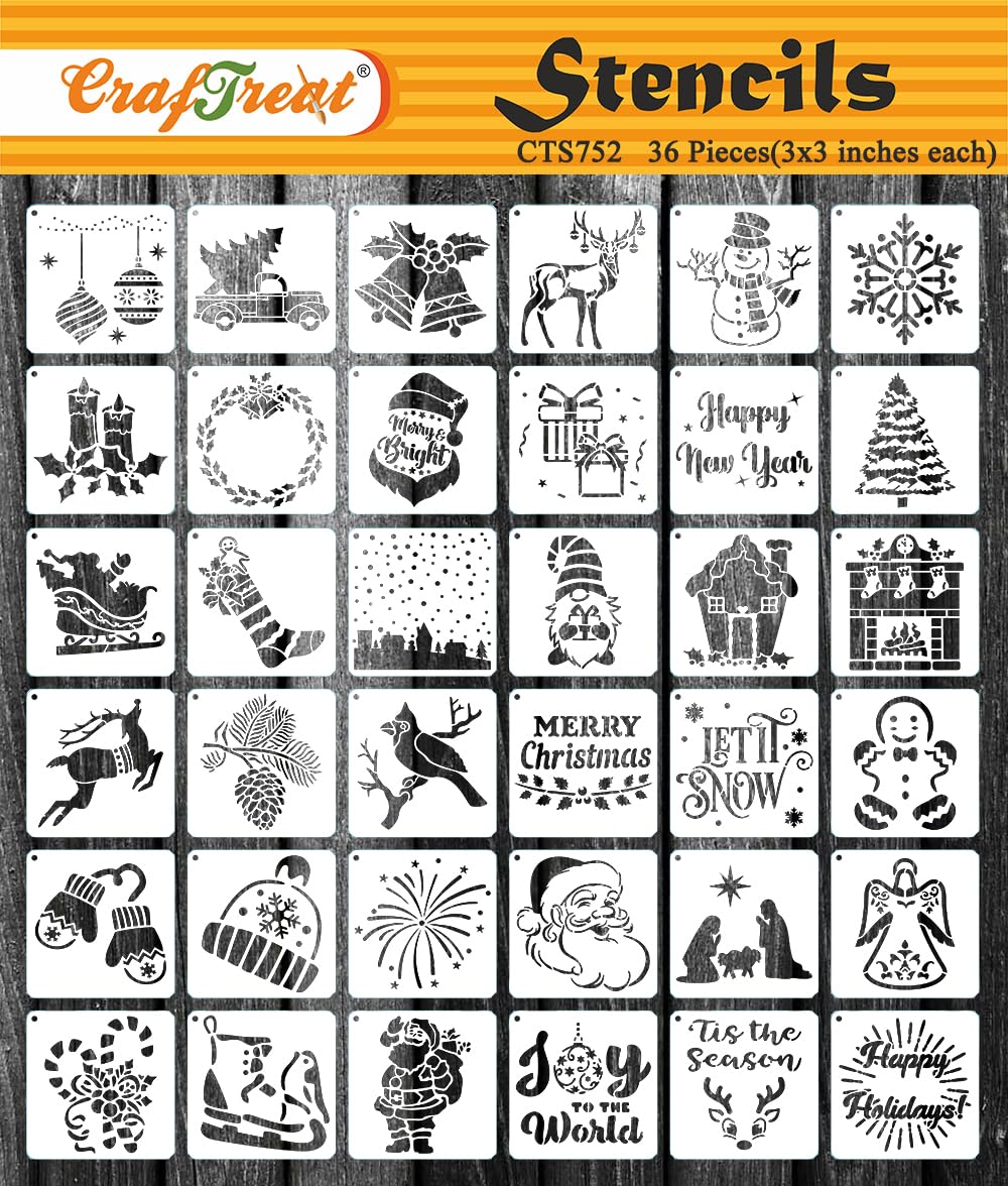 CrafTreat Reusable (36 pcs) Christmas Set Stencils for Painting on Wood, Canvas, Paper, Fabric, Floor, Wall, Tile, DIY Art and Craft. 3X3 inch.