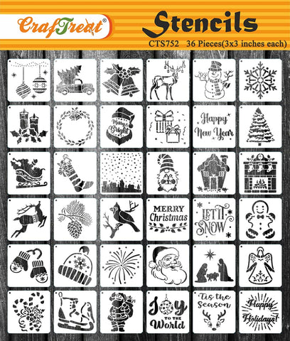 CrafTreat Reusable (36 pcs) Christmas Set Stencils for Painting on Wood, Canvas, Paper, Fabric, Floor, Wall, Tile, DIY Art and Craft. 3X3 inch.