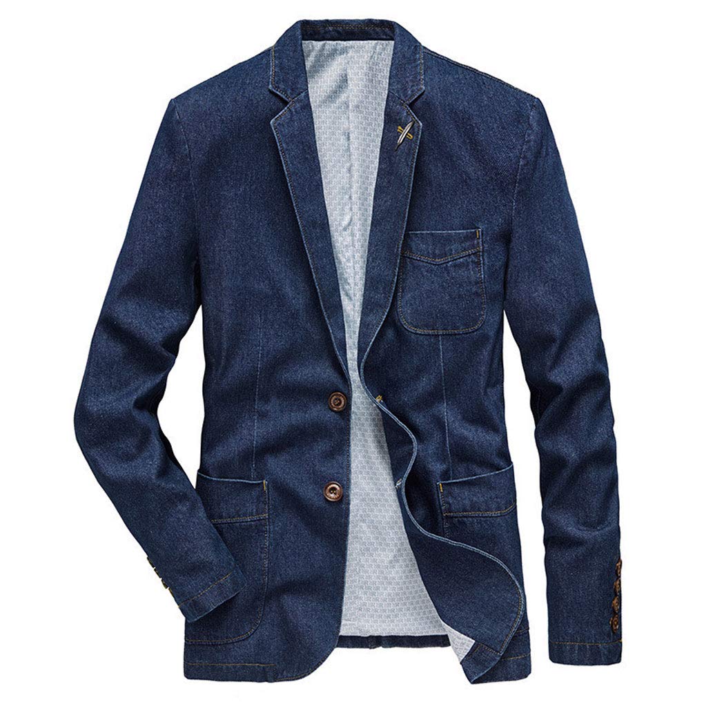 ebossy Men's Casual Slim Denim Blazer Two Button Business Suit Jacket Sport Coat (Small, Dark Blue)