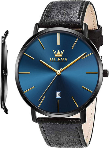 OLEVS Mens Wrist Watches Ultra Thin 6.5mm Minimalist Business Dress Waterproof & Date & Leather Strap Slim Watches for Men
