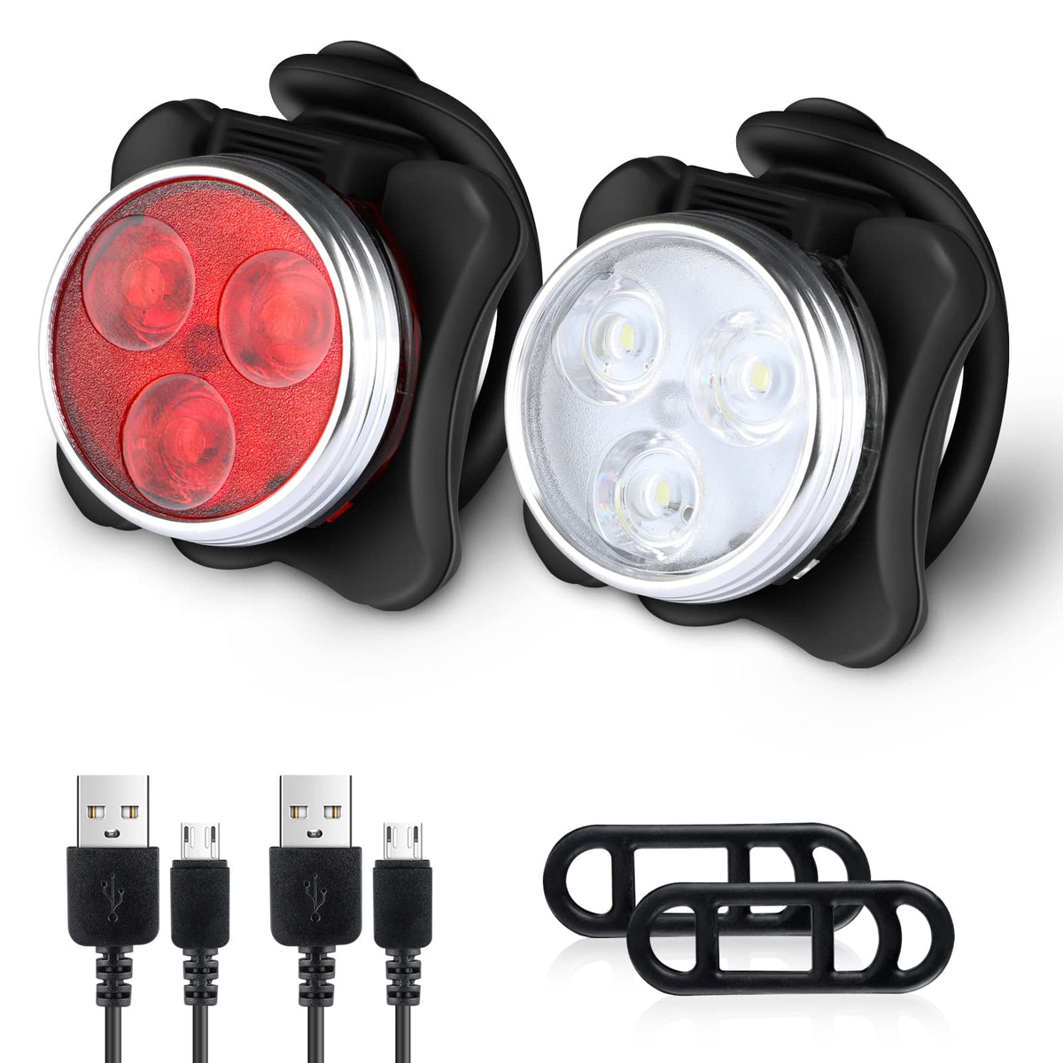 Defurhome Bike Light Set, Super Bright USB Rechargeable Bicycle Lights, 4 Brightness Modes Options Cycling Front Light & Rear Light, Waterproof Mountain Road Bike Lights(2 Cables, 4 Straps)