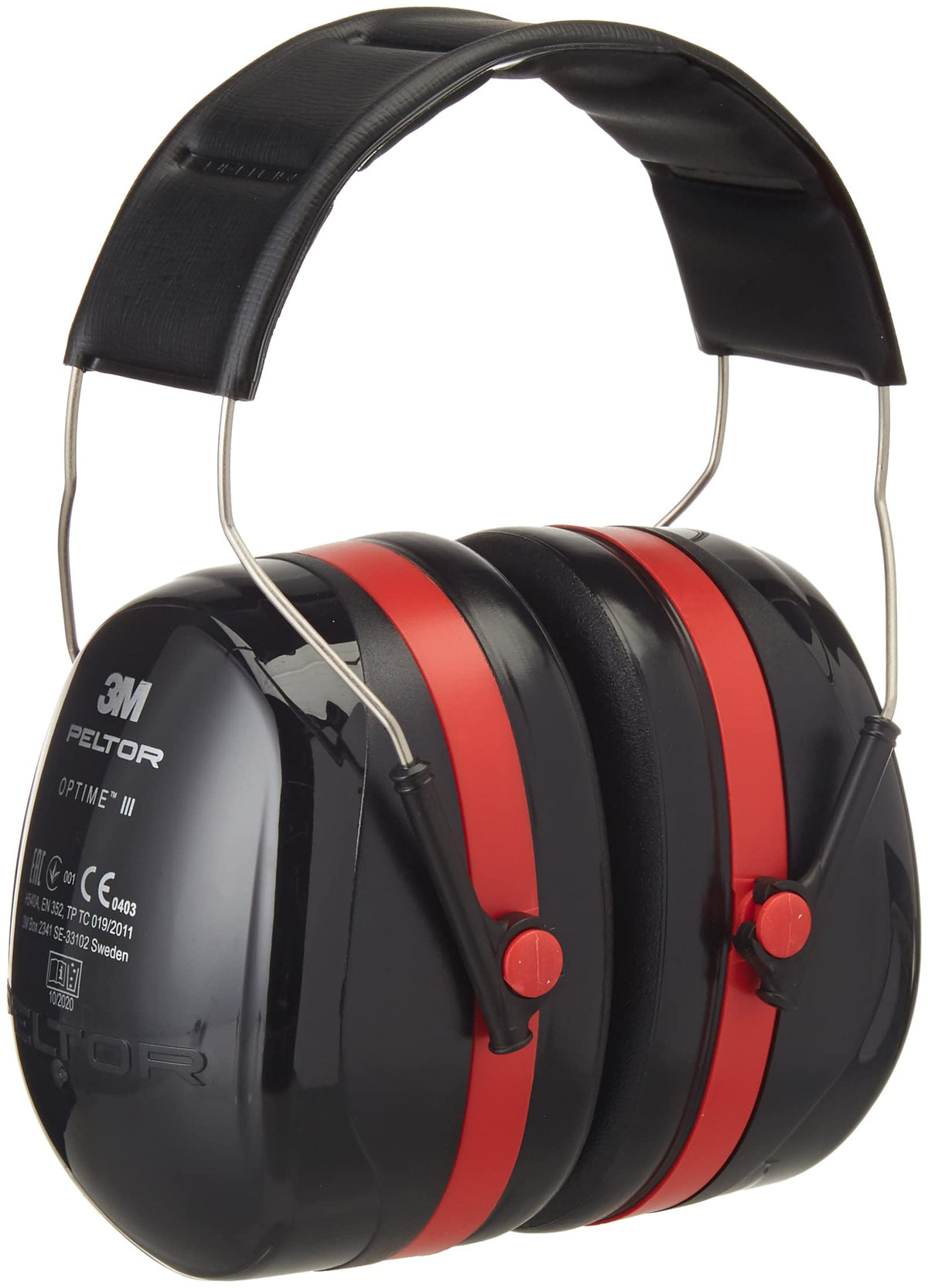 3M Peltor Optime III Ear Defenders Adults - Protective Earmuffs with Headband, Hearing Protection Against High Noise Levels in Industrial Settings, 35 dB, Black/Red