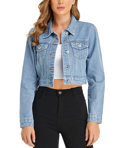 PEIQI WomenÃ¢â‚¬â„¢s Cropped Jean Denim Jacket Button Down Long Sleeve with Pockets Light Blue Medium