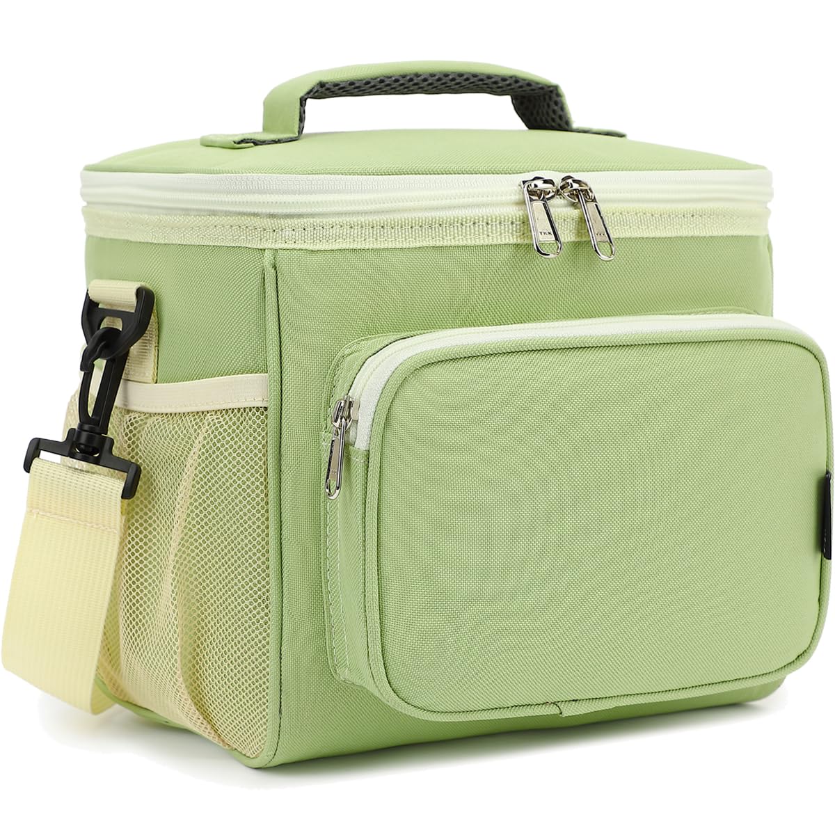 FlowFly Insulated Reusable Lunch Bag Adult Large Lunch Box for Women and Men with Adjustable Shoulder Strap,Front Zipper Pocket and Dual Large Mesh Side Pockets,Light Matcha