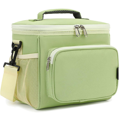 FlowFly Insulated Reusable Lunch Bag Adult Large Lunch Box for Women and Men with Adjustable Shoulder Strap,Front Zipper Pocket and Dual Large Mesh Side Pockets,Light Matcha