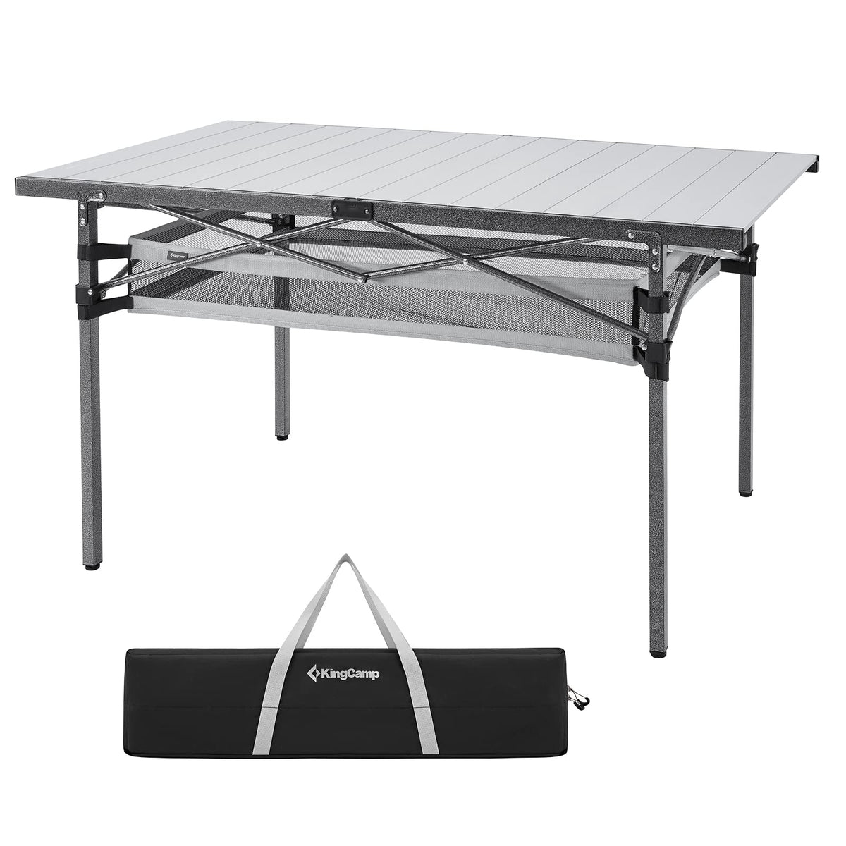 KingCamp Folding Table Spacious Tabletop Area Aluminum Compact Roll up Table for 4-6 Person, Stable Adjustable Feet Camping Table with Carry Bag for Outdoor Camp Picnic Beach BBQ Party
