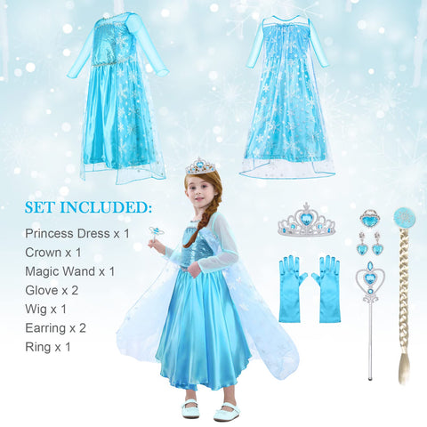 URAQT Elsa Dress, Elsa Princess Costume with Princess Crown Magic Wand Accessories, Elsa Anna Princess Dress Up for Girls, Shining Elsa Fancy Dress for Party, Bridesmaid, Halloween Cosplay (4-5 Years)