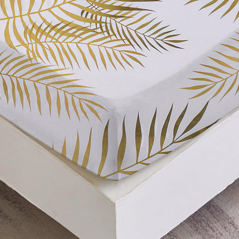 Jemiipee Emperor Fitted Sheet White Gold Tropical Leaves Pattern, 30 cm Deep Pocket, Soft Microfiber Botanical Fitted Bed Sheets