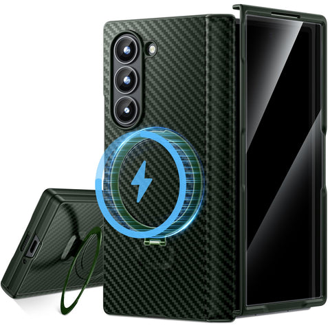 WSKEN for Z Fold 6 Case with Magnetic Stand, [Privacy Screen] Compatible with Magsafe, Military Grade Shockproof Case Carbon Fiber Texture Design for Samsung Galaxy Z Fold 6,Green