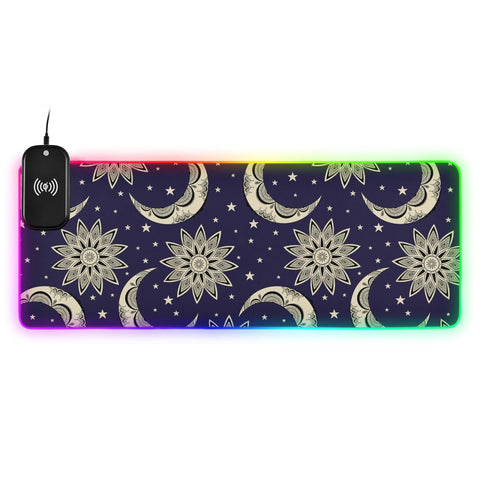 Boho Vintage Moon Sun Stars Wireless Charging Mouse Pad for Mobile Phone Extra Large Gaming Mousepad with 13 Lighting Modes Keyboard Mat for Gaming MacBook PC Laptop Desk Office Home