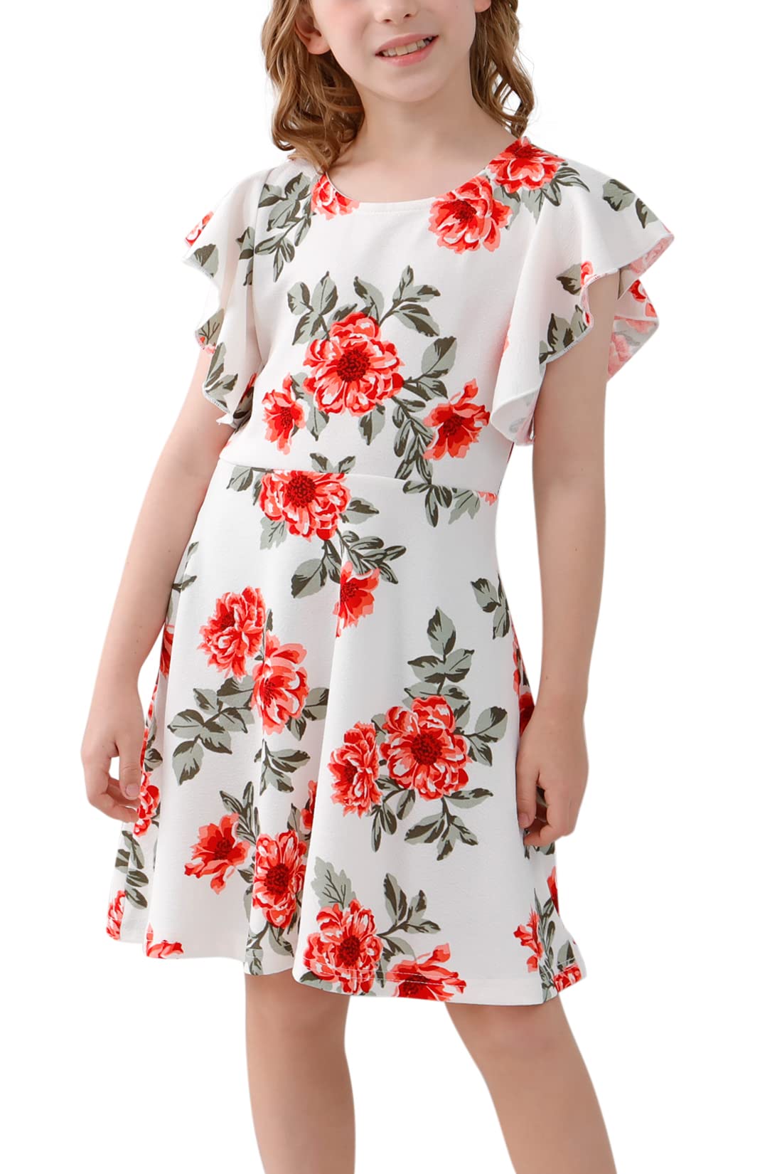 GORLYA Girl's Flutter Sleeve Stretchy A-Line Swing Flared Skater Party Dress with Pockets for 4-12 Years Kids (GOR1019,4-5Y,RedFlower)