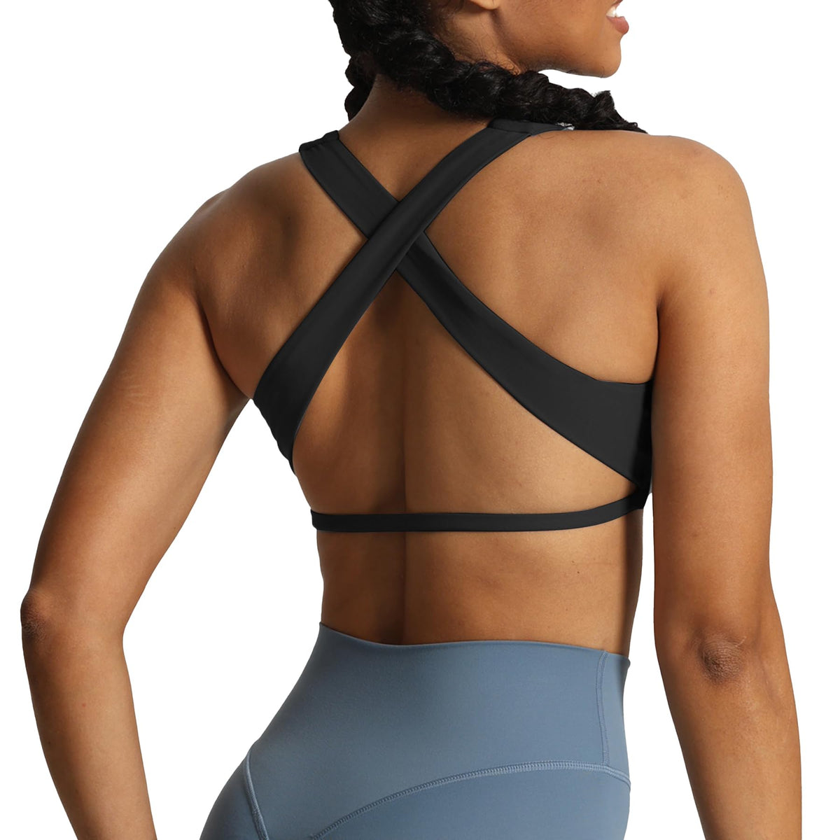 Aoxjox Women's Workout Sports Bras Square Neck Emma Cross Back Fitness Padded Training Gym Bra Yoga Crop Tank Top (Black, Small)