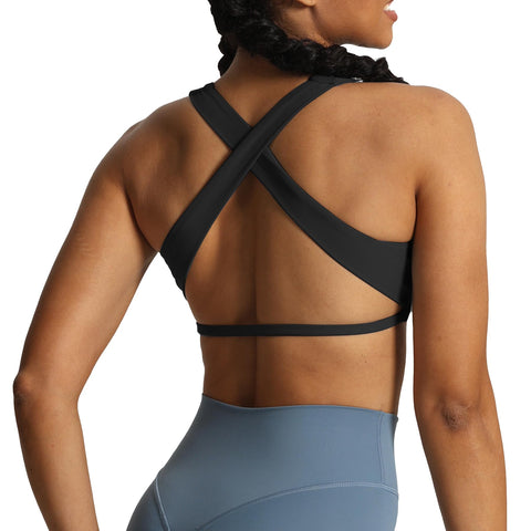 Aoxjox Women's Workout Sports Bras Square Neck Emma Cross Back Fitness Padded Training Gym Bra Yoga Crop Tank Top (Black, Small)