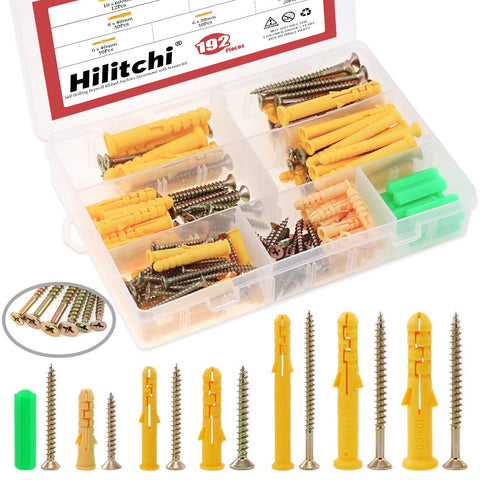 Hilitchi 192-Pcs [7-Sizes] Ribbed Plastic Anchors Assortment Kit with Self-Tapping Screws Set for Drywall