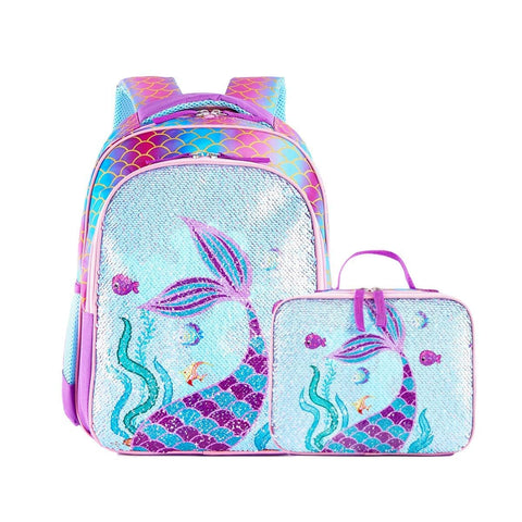 Reversible Sequin School Backpack Little Kid Girls Backpack With Lunch Bag for Toddler Preschool Kindergarten Elementary(15",Mermaid with Lunch Bag)