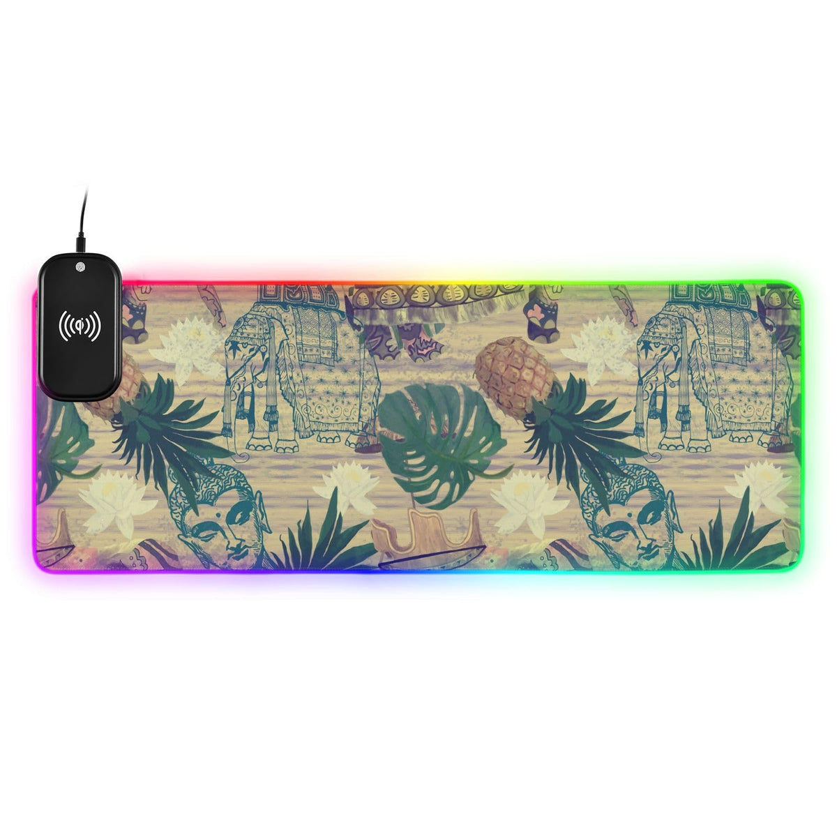 Elephant Pineapple Vintage Wireless Charging Mouse Pad for Mobile Phone Extra Large Gaming Mousepad with 13 Lighting Modes Mouse Mat for Gaming MacBook PC Laptop Desk Office Home